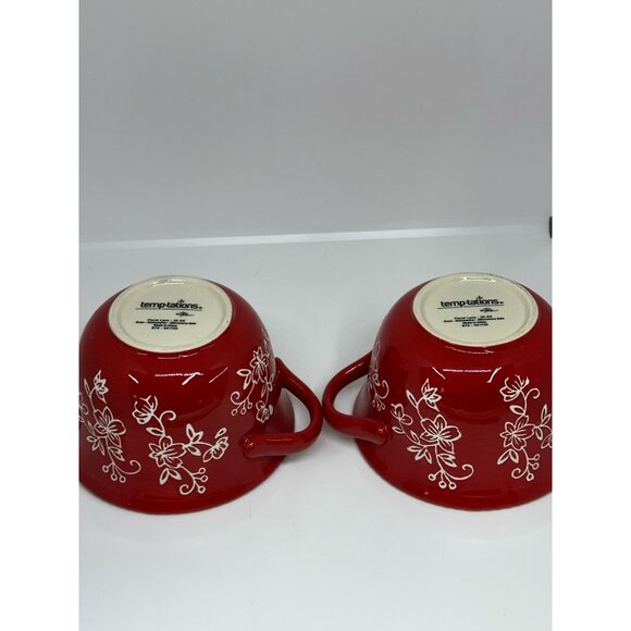 Temp-tations by Tara Red Floral Lace 20oz Baker Bowls Set of 2 Ceramic Ovenware - Picture 7 of 8